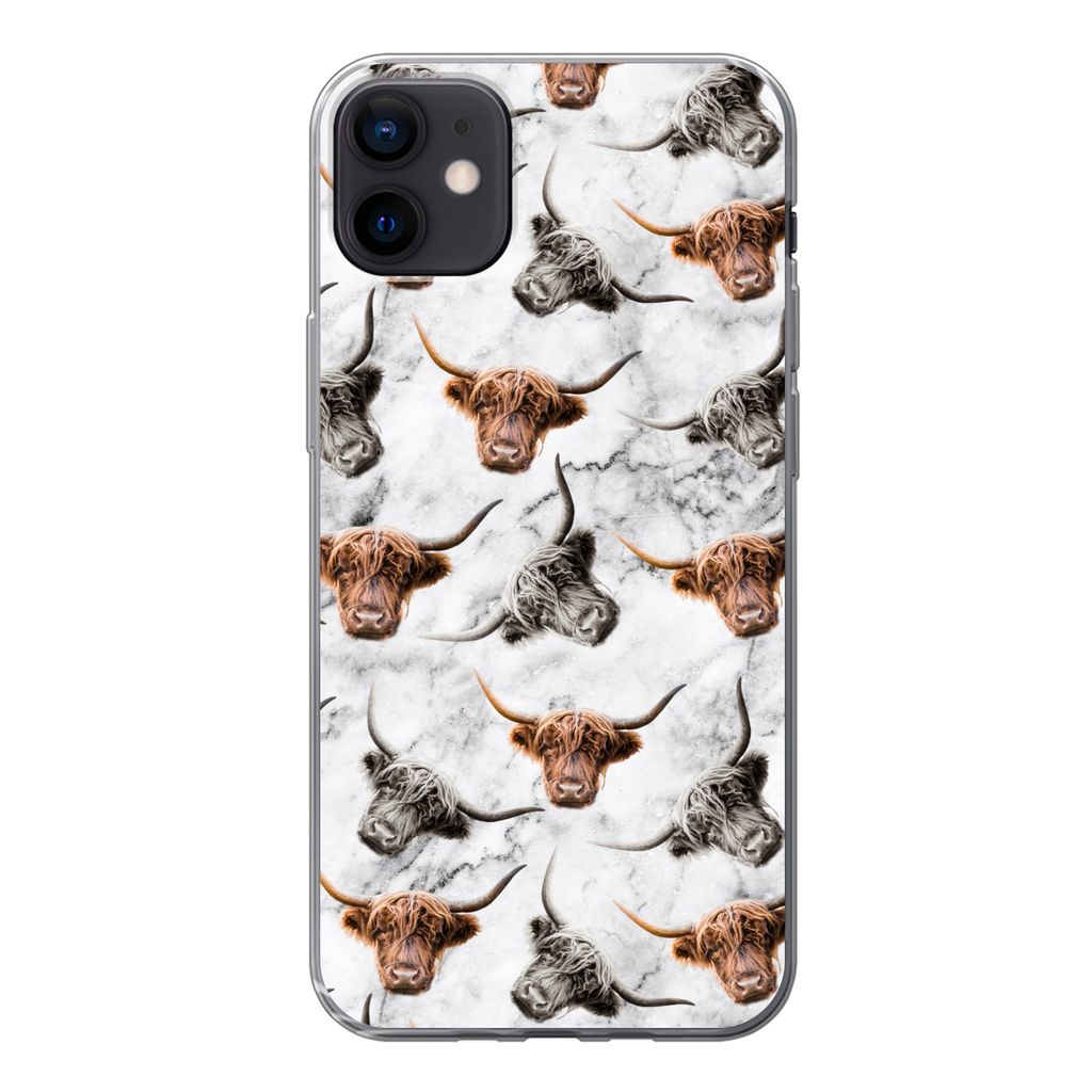 MuchoWow Handyhülle Schutzhülle Hülle für iPhone 12 mini Schottischer Highlander - Kuh - Marmor Silikon Softcase Handy Hülle - Bild