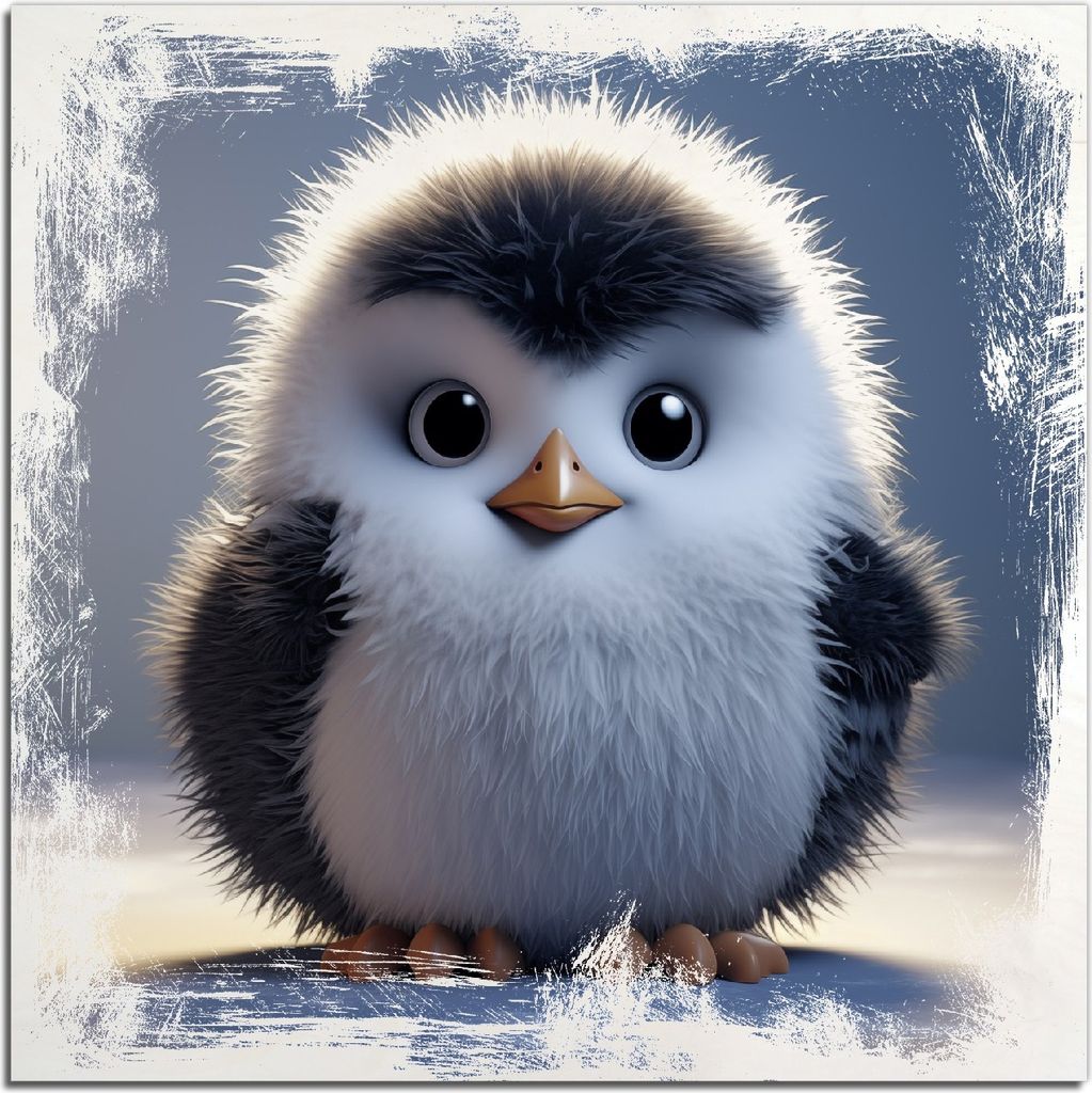 Kunstdrucke Wandbilder Holz in : Brillante Farben, Größe 50 x 50 cm Motiv Flauschiger Pinguin
