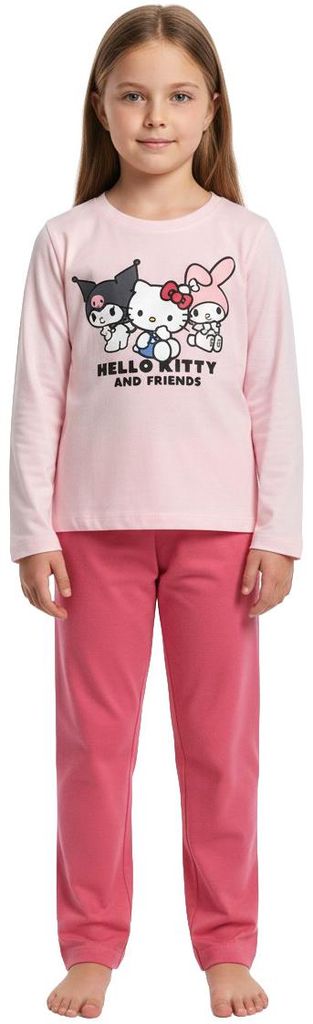 Hello Kitty Schlafanzug für Mädchen - Friends Kuromi & My Melody Kinder Pyjama Set Langarm Oberteil mit Hose Rosa/Pink 122-128