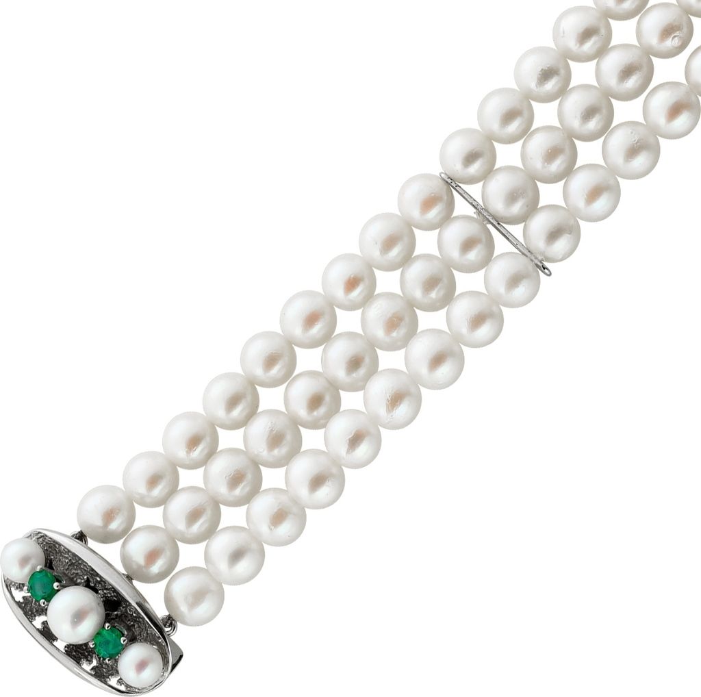 Perlen Armband Akoyaperlen Weißgold 585 14K Smaragde Antikschmuck 19