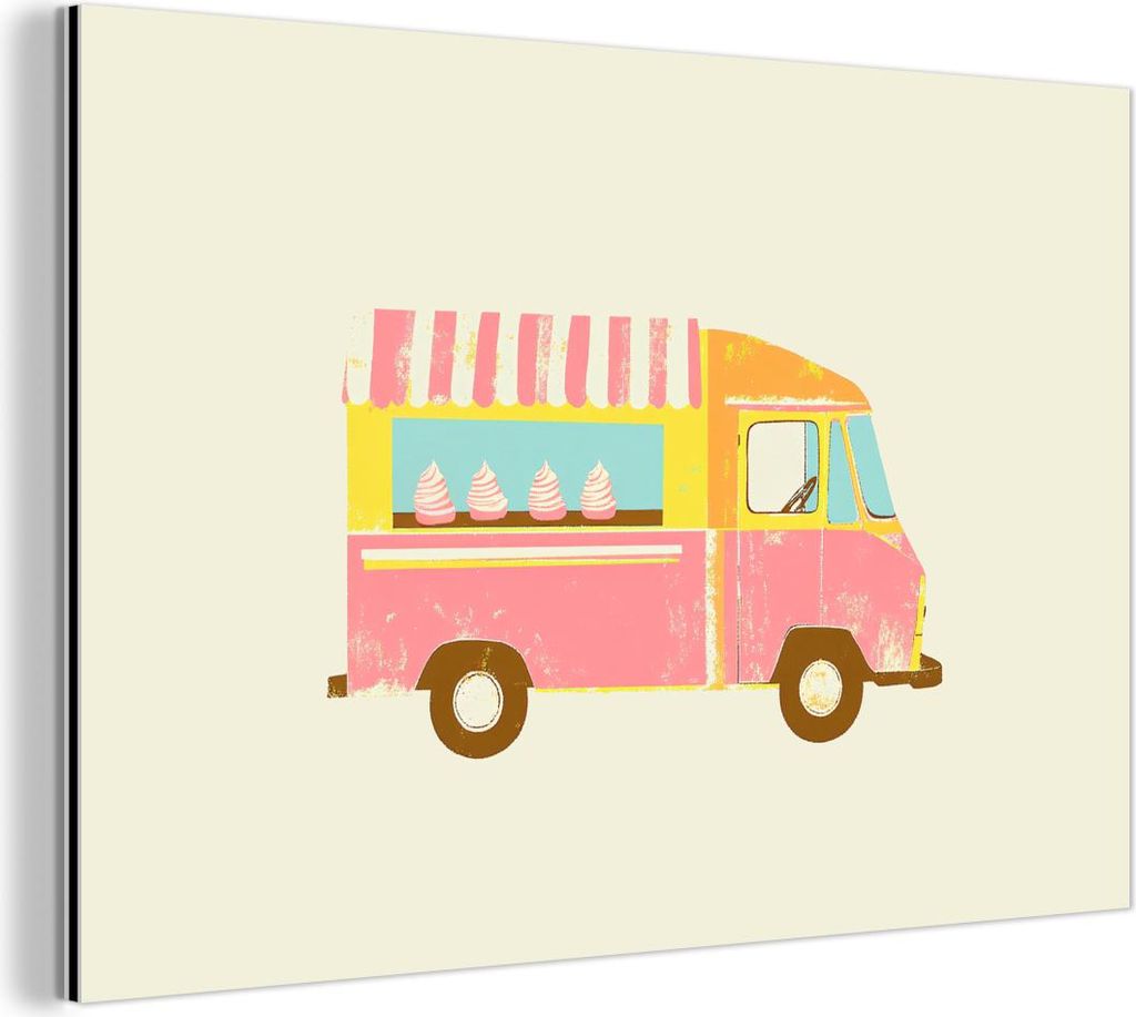 MuchoWow Wanddekoration Metall Metallbild Wandkunst 120x80 cm Eiscreme-Wagen - Retro - Softeis - Rosa MuchoWow Aluminium Gemälde - Alu Bild