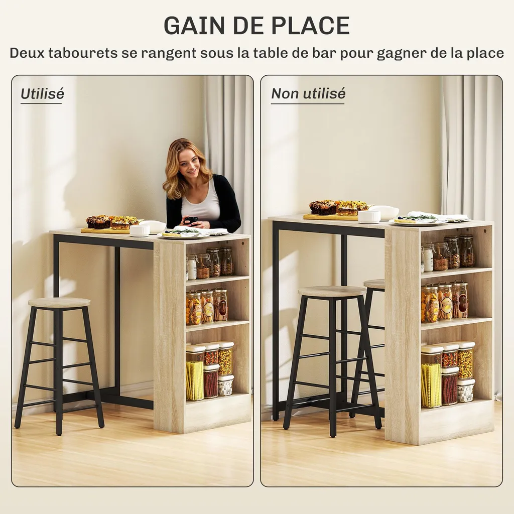 Mange-Debout avec 2 Tabourets et Compartiments de Rangement, Bois et Noir - 8