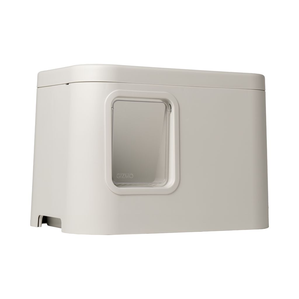 A white cat litter box with a clear window on a white background.