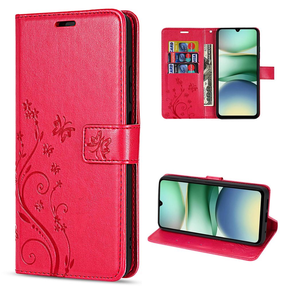A collage of images showing a red flip phone case with a floral design, a phone inside the case, and cards in the case.
