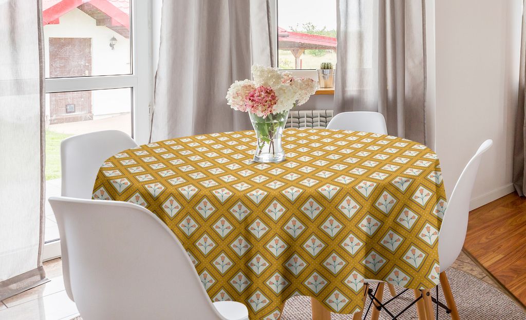 ABAKUHAUS Tulpe Runde Tischdecke, Oriental Quadrate und Blumen, Kreis Tischdecke Abdeckung für Esszimmer Küche Dekoration, 150 cm, Peach Erde Gelb