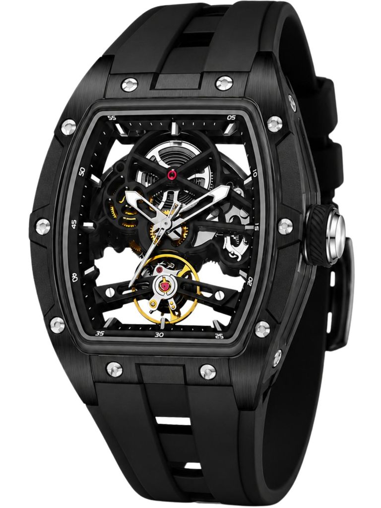 Automatikuhr Armbanduhr Herren Uhr Edelstahl Silikon Skelett Skelleton Rechteckig Schwarz