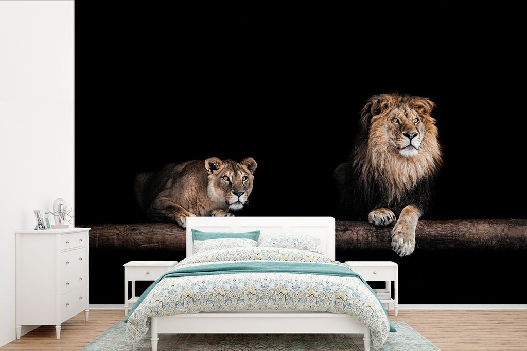 MuchoWow Fototapete für Wohnzimmer oder Schlafzimmer Wandtapete Vinyl Motivtapete Löwen - Licht - Porträt - 390x260 cm - Papiertapete