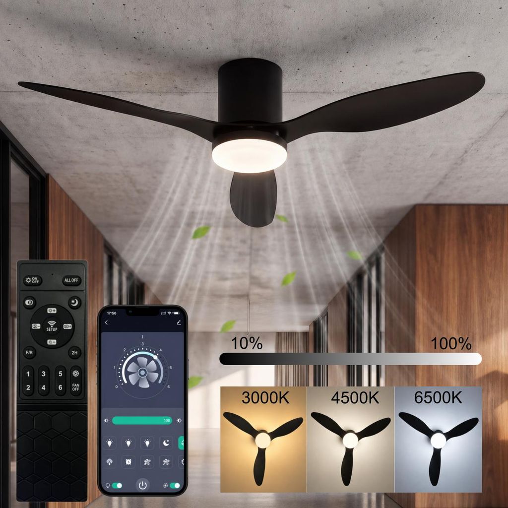 Deckenventilator mit LED Beleuchtung 132 cm Schwarz, leisem Produktbild 