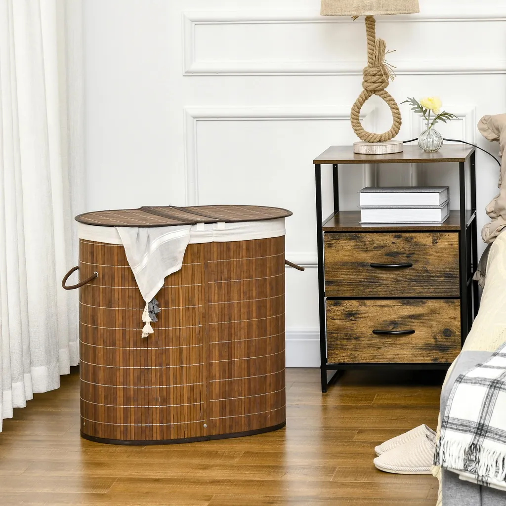 Panier à linge double compartiment 100L marron 62,5x37x60,5 cm robuste - 2
