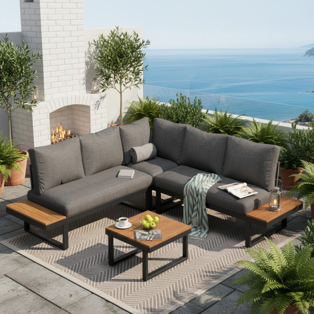 Abrihome Gartenmöbel Set für 5 Personen, Garten Sitzgruppe mit Couchtisch, Eckposition mit Winkel-Liegefunktion, Grau