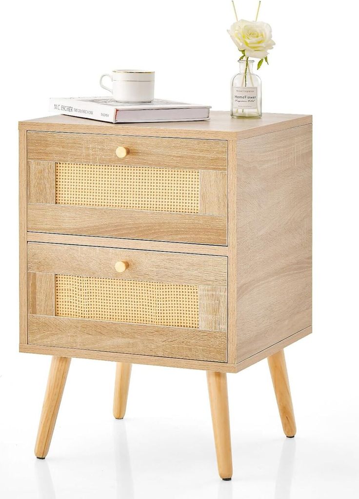 KOMFOTTEU Nachttisch mit 2 Schubladen aus Rattan, Nachtkommode Holz, schmaler Beistelltisch mit Kiefernbeinen, 40x40x59cm (1 Stück)