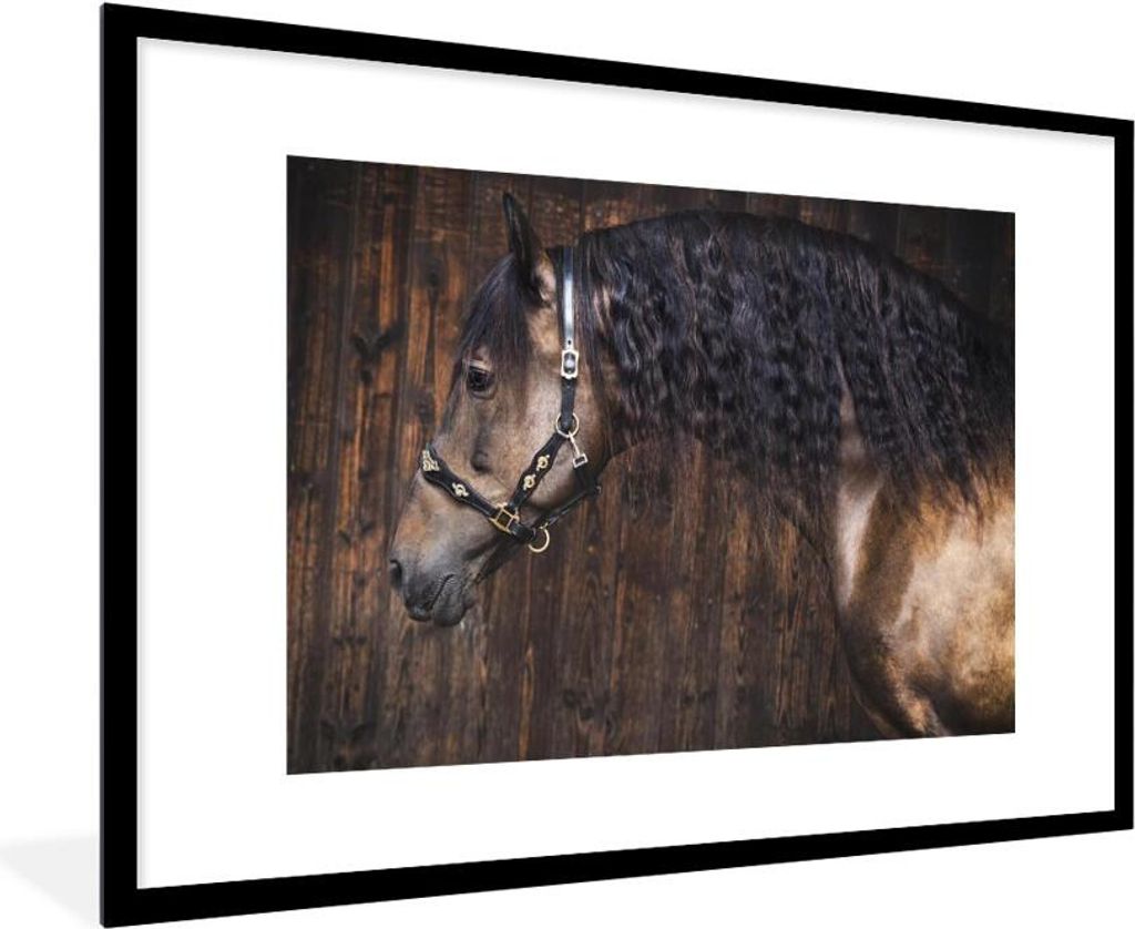 MuchoWow Gerahmtes Poster Pferd - Schwarz - Braun - Halfter 90x60 cm - Poster mit Schwarzem Bilderrahmen Wandposter Rahmen Foto Bilder - Wanddeko...