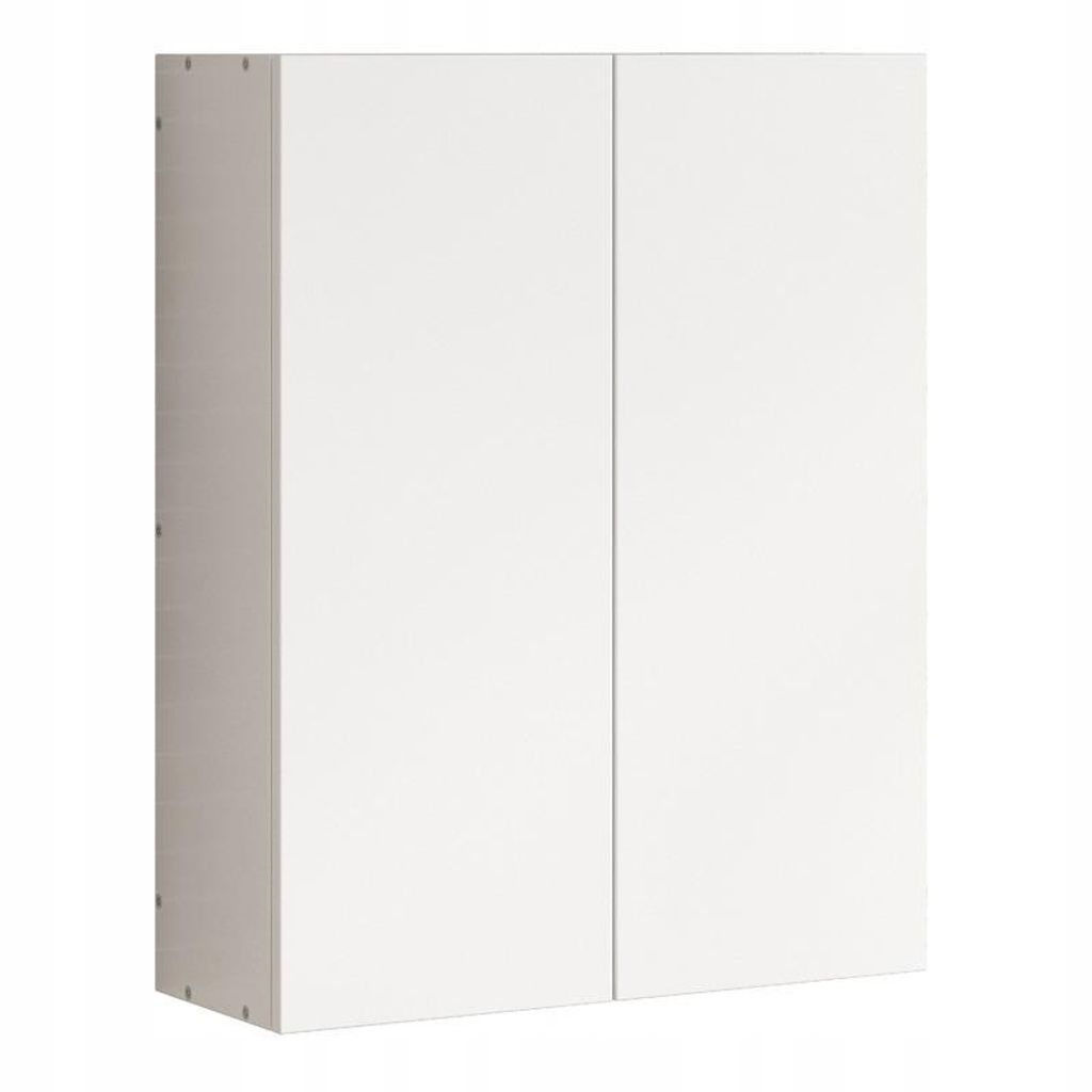 A white two-door cabinet shown from a three-quarter angle.