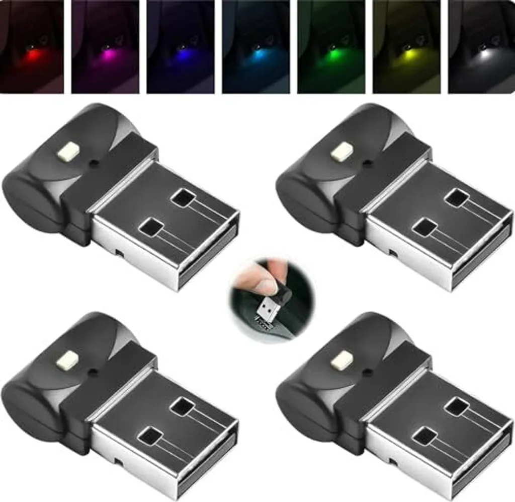 Set 4 Luci Ambiente USB LED Auto - 7 Colori Mini Luce Notturna