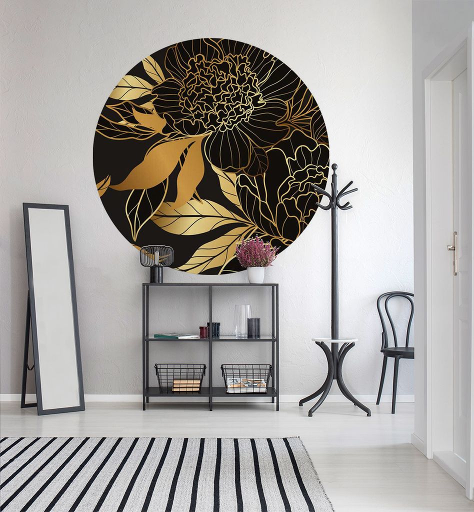 Fototapete Blumen schwarz gold rund, Material:Premium Vlies 150g/qm, Größe Tapete:195cm rund
