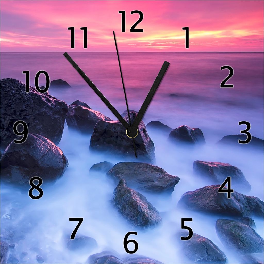 Wallario Design Wanduhr Felsen im Meer bei Sonnenuntergang aus Echtglas, Größe 30 x 30 cm