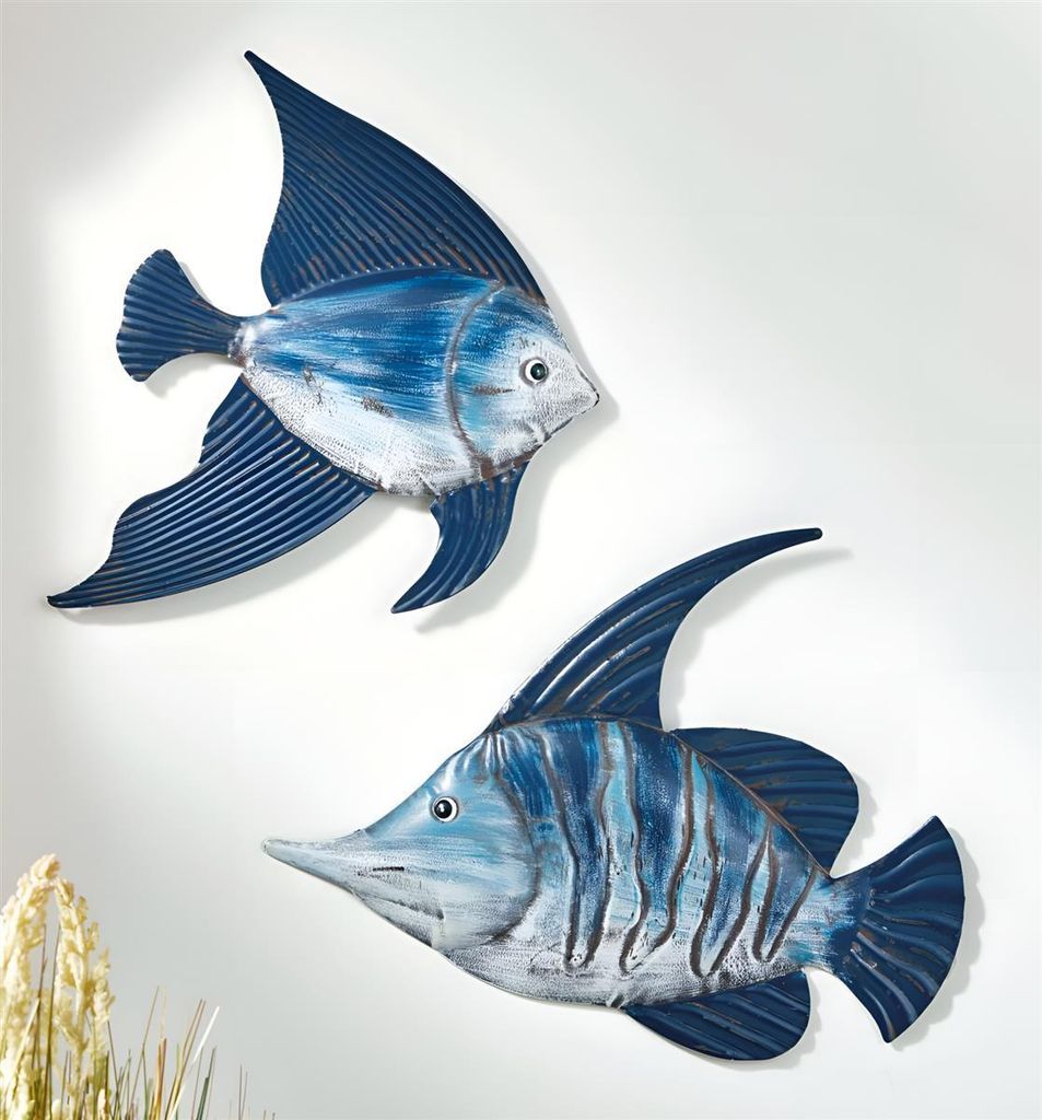 2x Wanddeko "Fische" aus Metall, 28 + 36 cm, Deko maritim, Produktbild 