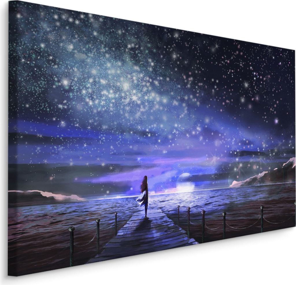 Fabelhafte Canvas LEINWAND BILDER 40x30 cm XXL Kunstdruck Meer Mond Sterne Steg Nacht