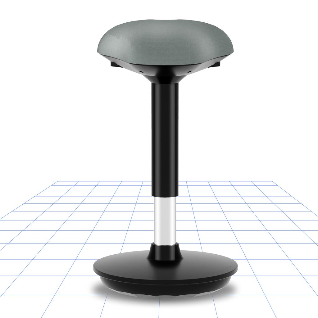 A modern, adjustable stool is shown against a white background with a blue grid overlay.