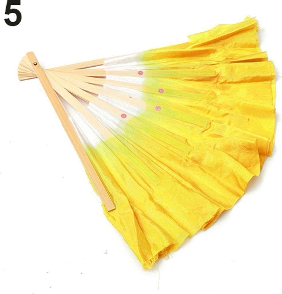 Handgefertigter chinesischer Stil handgefertigt Bambusgriff künstliche Seiden -Volkskunst Bauchtanz Fan-Gelb ,Größen:0.6m by 0.425m