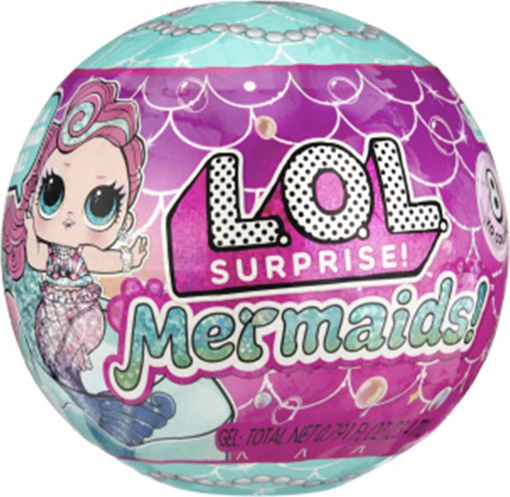A round LOL Surprise Mermaids! toy packaging with a mermaid character and product branding.