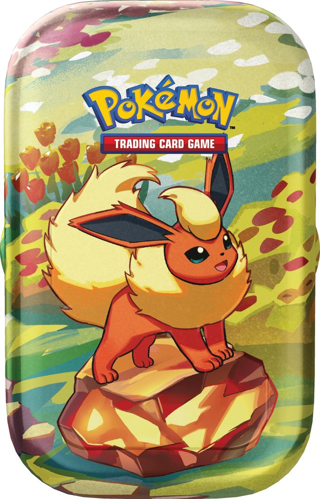 A tin box featuring a Pokémon character, Flareon, standing on a rock with a colorful background.