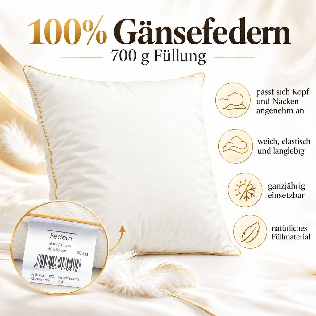 Federkissen 50x50 cm | Kissenfülung 700g 100% Federn | Produktbild 