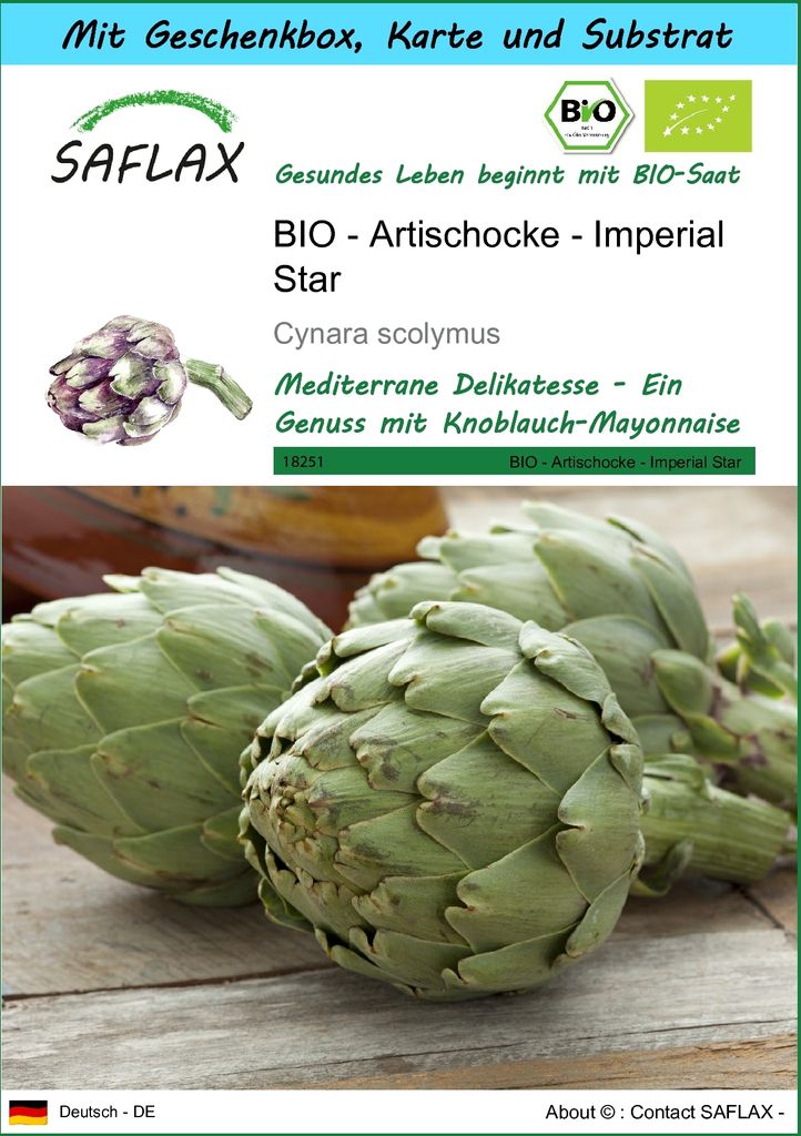 SAFLAX - Geschenk Set - BIO - Artischocke - Imperial Star - 5 Samen - Mit Geschenk- / Versandbox, Versandaufkleber, Geschenkkarte und Anzuchtsubstr...