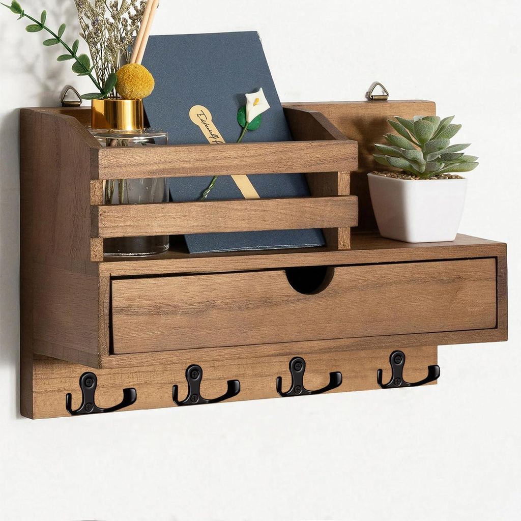 Schlüsselbrett aus Holz mit Ablage und Schublade, 4 Doppelschlüsselhaken, Wandmontage, für Eingangsbereich, Flur, Wohnzimmer, Büro – Braun