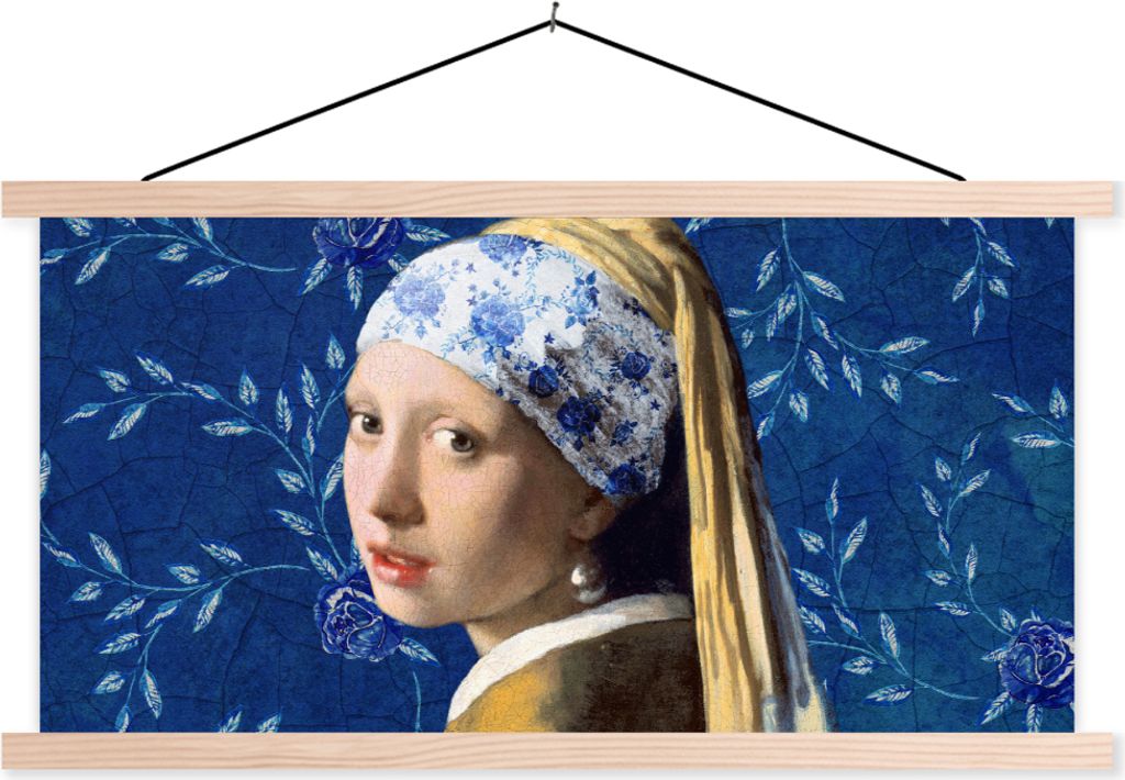 MuchoWow Textilposter Mädchen mit Perlenohrring - Delfter Blau - Vermeer - Blumen - Gemälde - Alte Meister 60x30 cm mit holzfarbenen Rahmen - D...