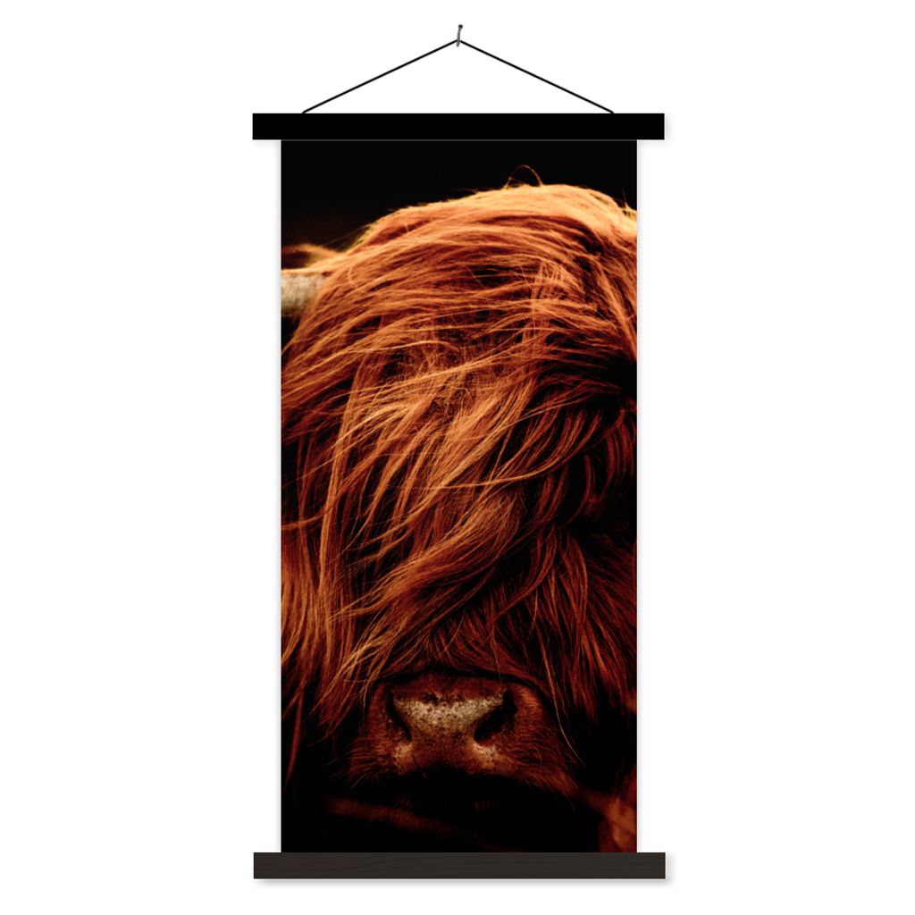 MuchoWow Textilposter Schottischer Highlander - Kuh - Hörner - Porträt - Tiere 60x120 cm mit schwarzem Rahmen - Magnete