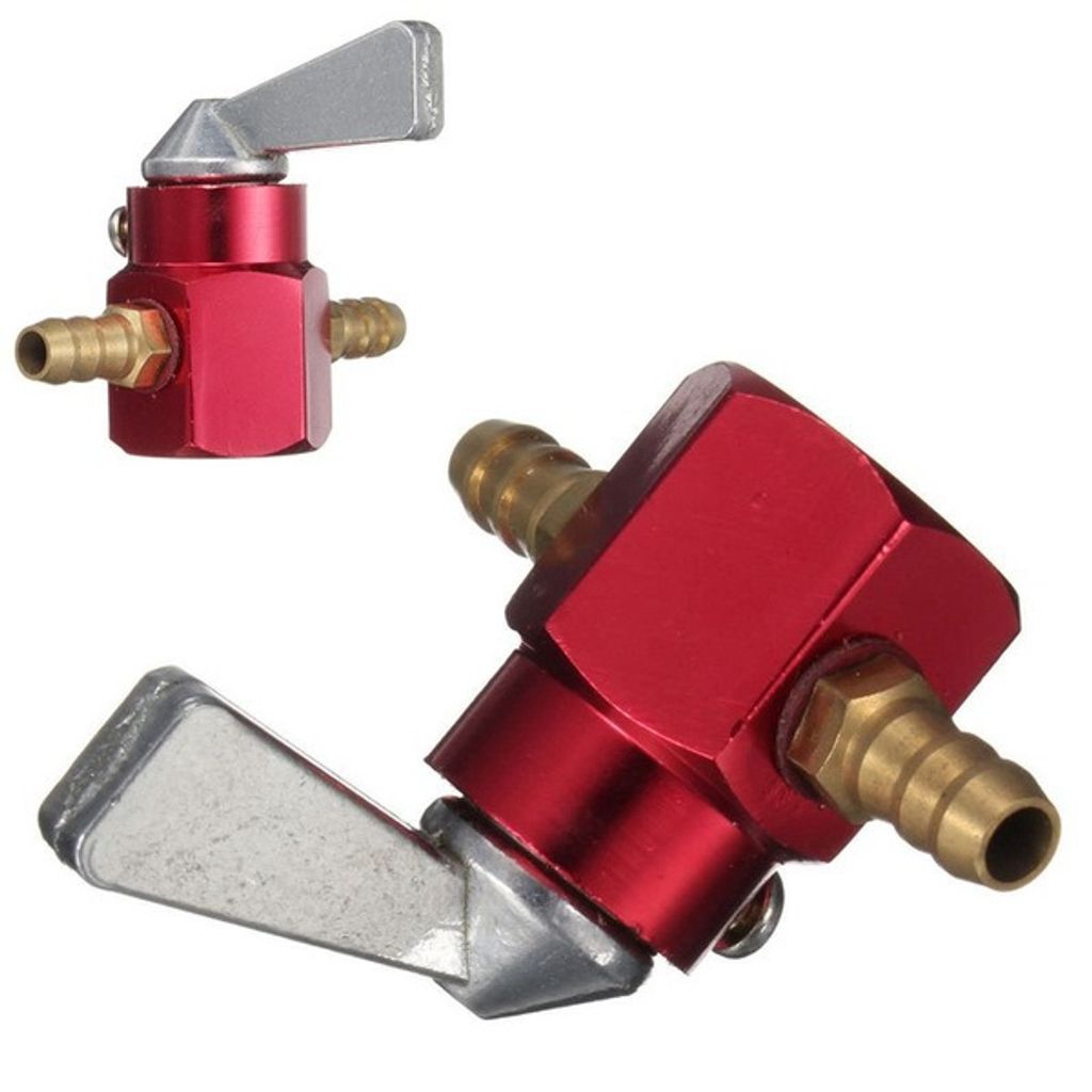 Two views of a red fuel shut-off valve with brass fittings and a silver lever.