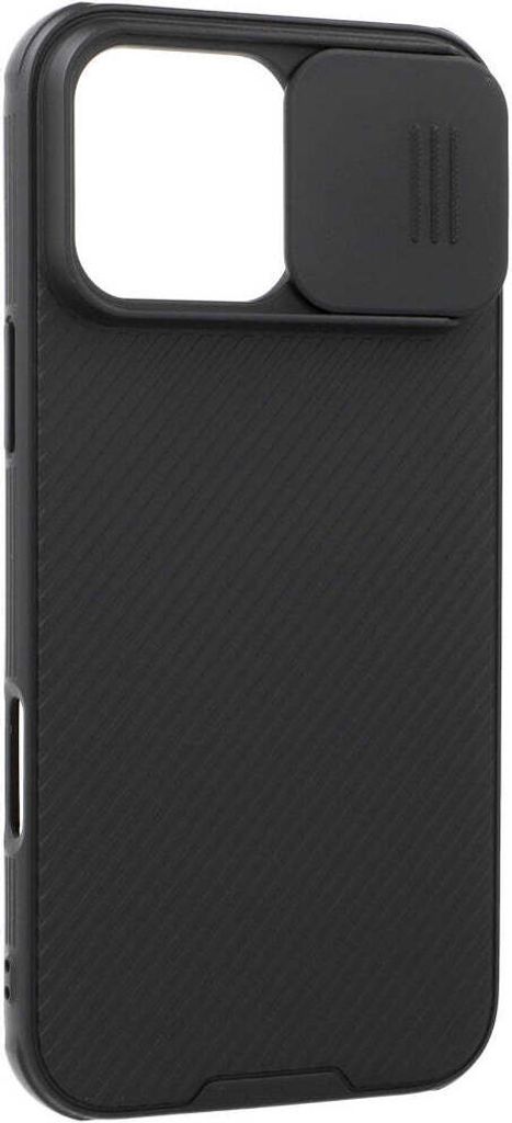 A black phone case with a sliding camera cover is shown against a white background.