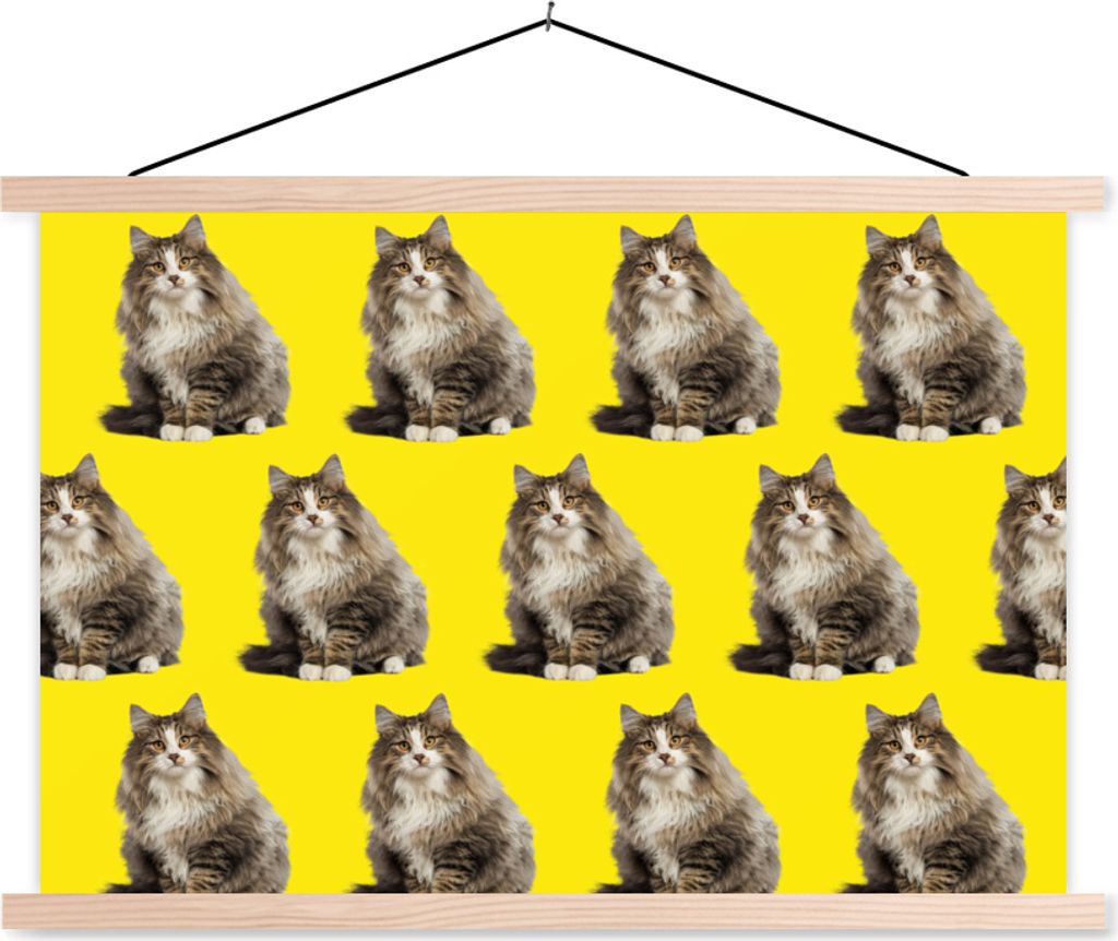 MuchoWow Textilposter Katze - Muster - Gelb 120x80 cm mit holzfarbenen Rahmen - Aufhängeset