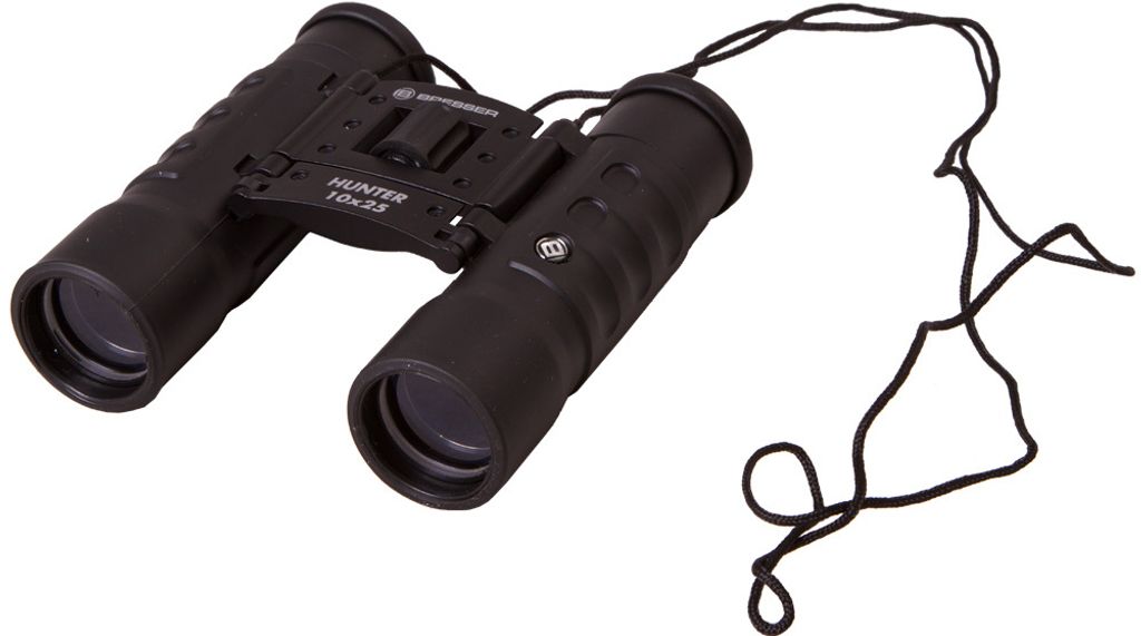 A black BRESSER Hunter 10x25 pocket binoculars with a black neck strap is shown against a white background.