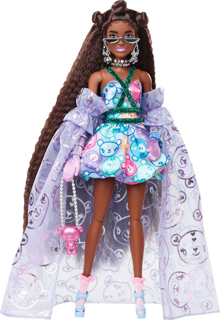 Barbie Extra Fancy Puppe im lila Kleid mit Teddymuster Produktbild 4