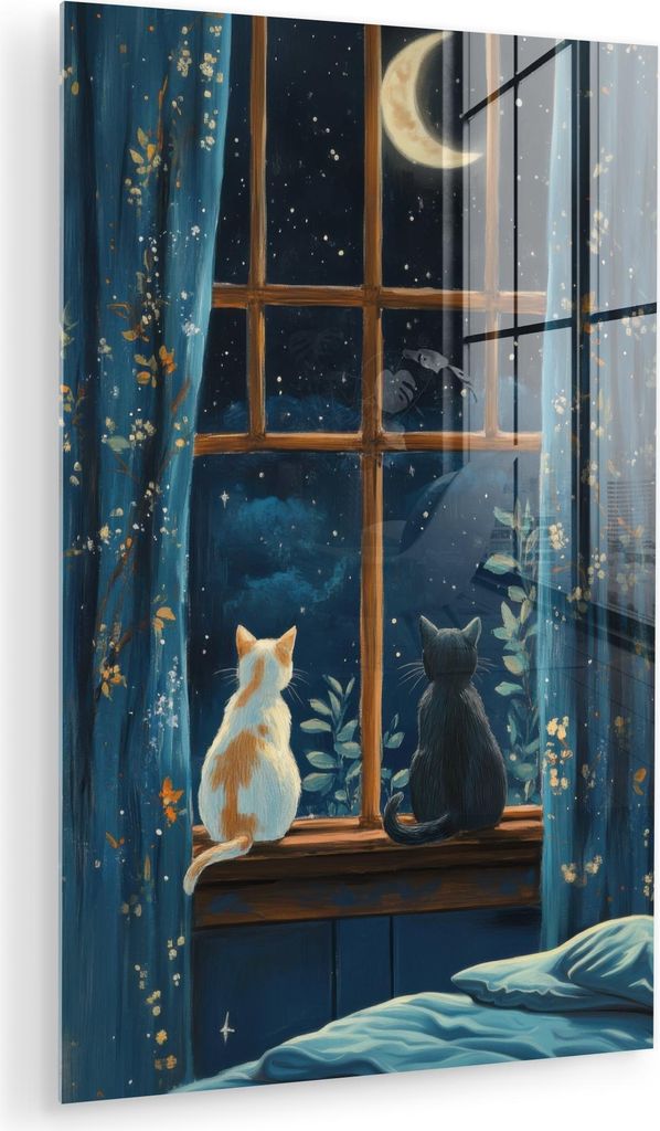 MuchoWow Glasbilder - Bilder auf Wandbild - Foto auf Glas Katze - Sternenhimmel - Blau 20x30 cm Wanddekoration aus Glas - Acrylglasbild - Acrylbild...