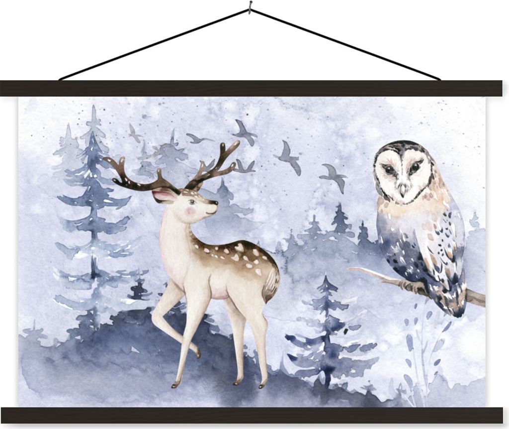 MuchoWow Textilposter Winter - Wald - Eule - Hirsch 60x40 cm mit schwarzem Rahmen - Hölzernes