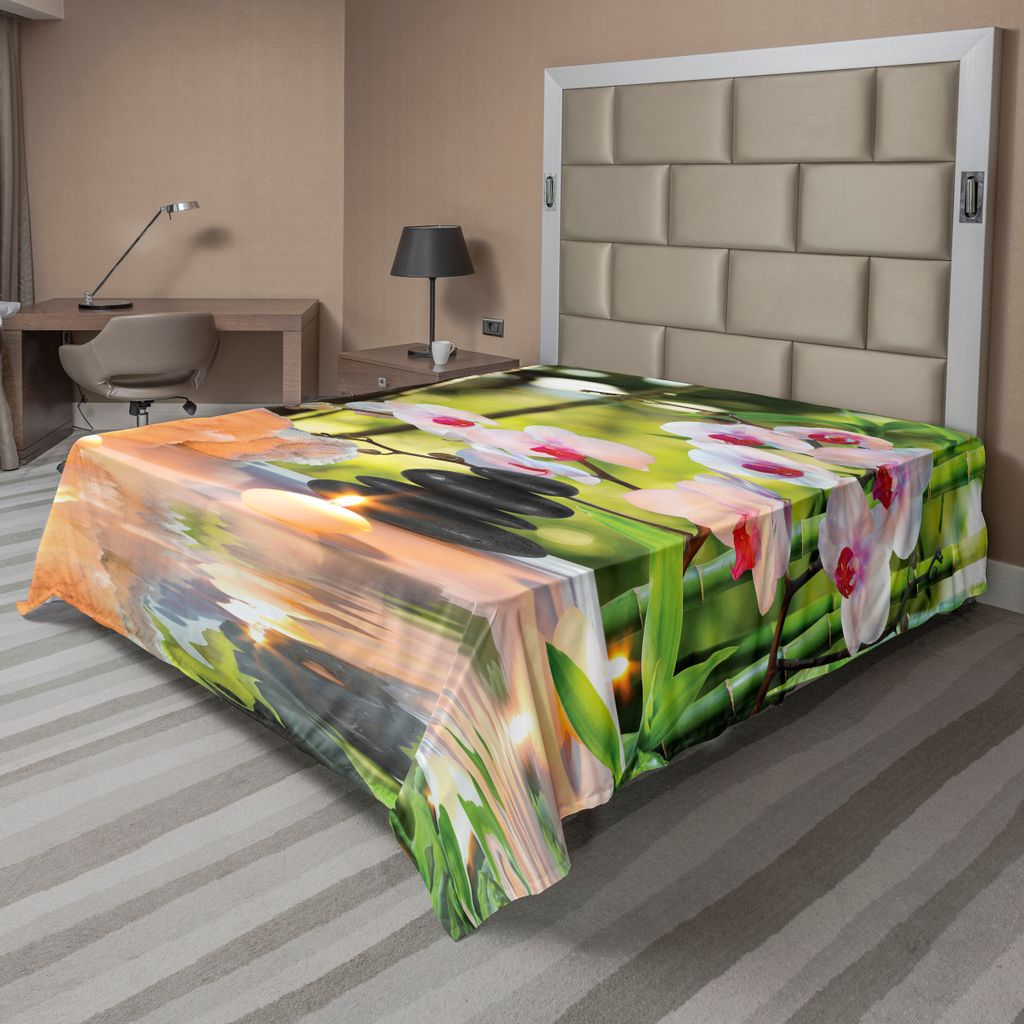 ABAKUHAUS Spa Bettlaken, Massage Elemente Badekurort Thema mit Kerzen Orchideen Warme Steine Garten Foto Muster, weiches bequemes oberes Bettlaken ...