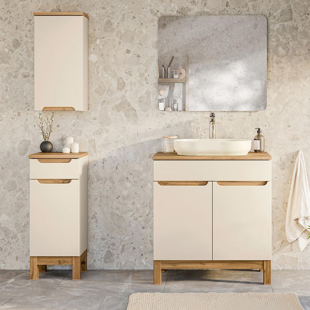 Badmöbel-Set 4-teilig mit 80 cm Waschtisch & Spiegel in kaschmir und Eiche, modern grifflos - SOLNA-56-CASHMERE