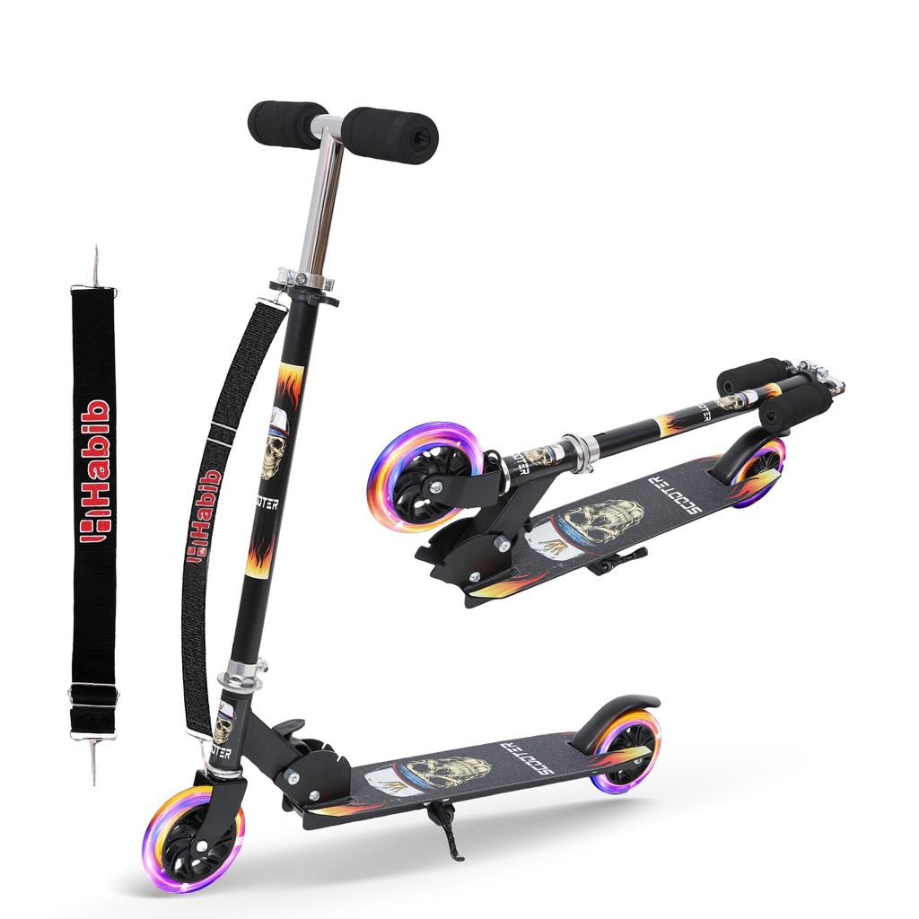 Habib Kinderroller mit LED Rädern | Klappbar & 4-fach Verstellbar: Schwarz