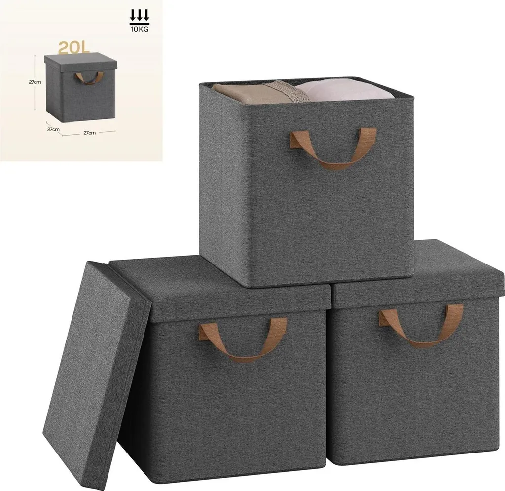 Boîte de Rangement Vêtements en Tissu avec Couvercle Gris Lot de 3