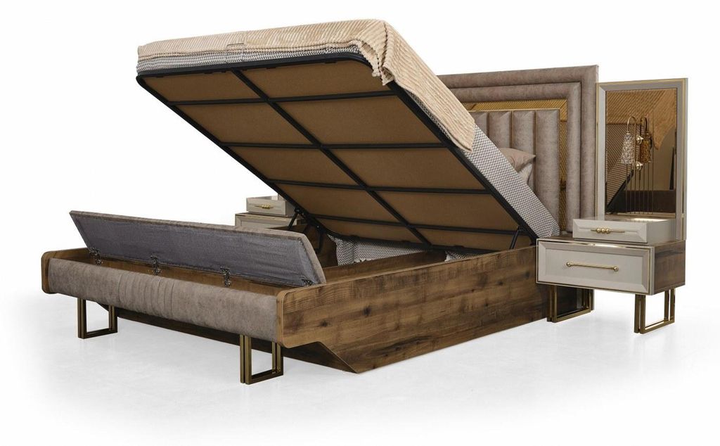 Komplette Schlafzimmermöbel Doppelbett Bett Nachttische Beige 3tlg