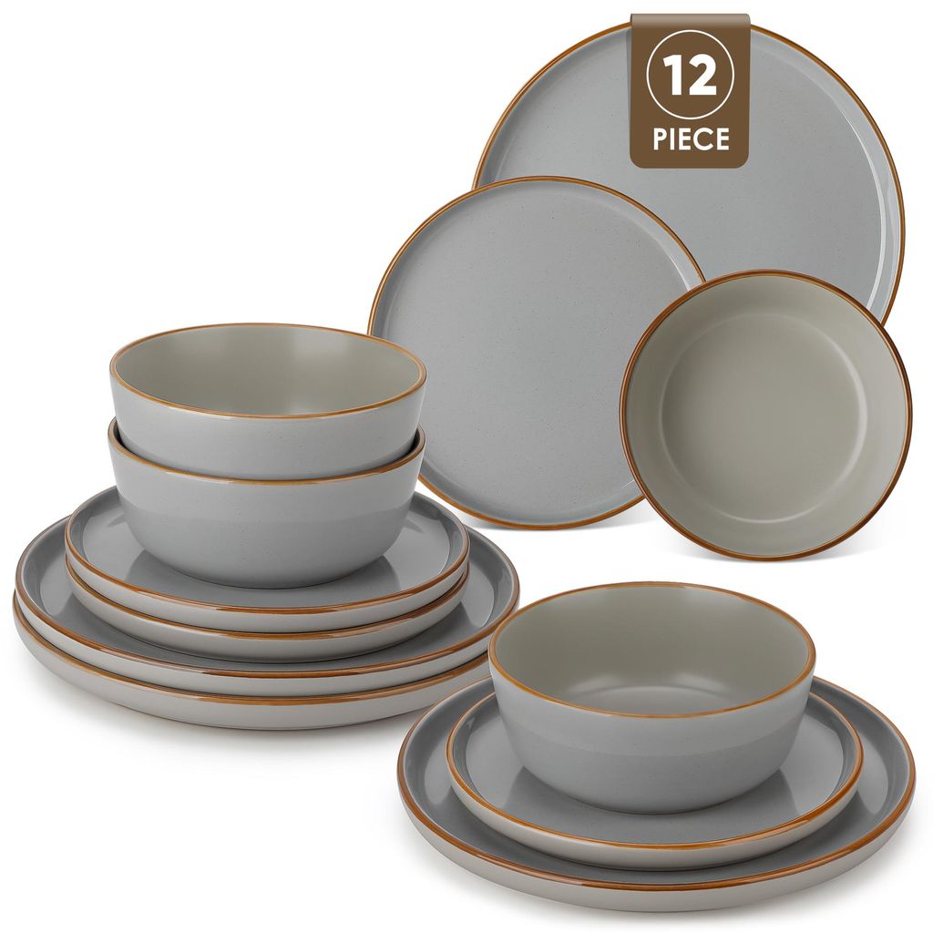 12-tlg Kombiservice aus Steingut, Tafelservice mit Sesamglasur, Geschirr-Set für 4 Personen, matt