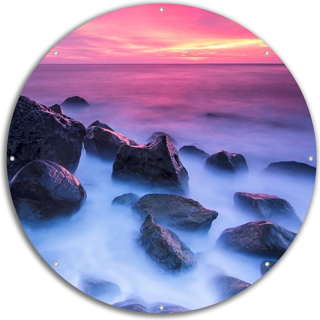 Wallario rundes Outdoor-Poster für Garten oder Balkon, Motiv Felsen im Meer bei Sonnenuntergang, 60 cm Durchmesser