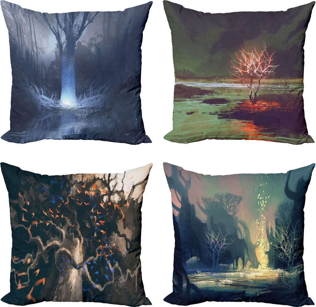 ABAKUHAUS Fantasie-Kunst Dekokissen Kissenbezug 4er Pack, Magische Bäume im Wald, Modern Accent Doppelseitiger Digitaldruck, 45 x 45 cm, Mehrfarbig