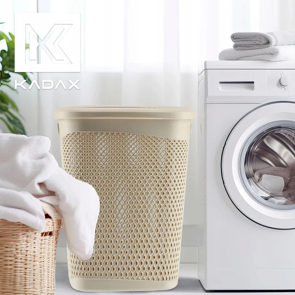 Corbeille à linge 55L beige avec couvercle rabattable bac à linge design - 3