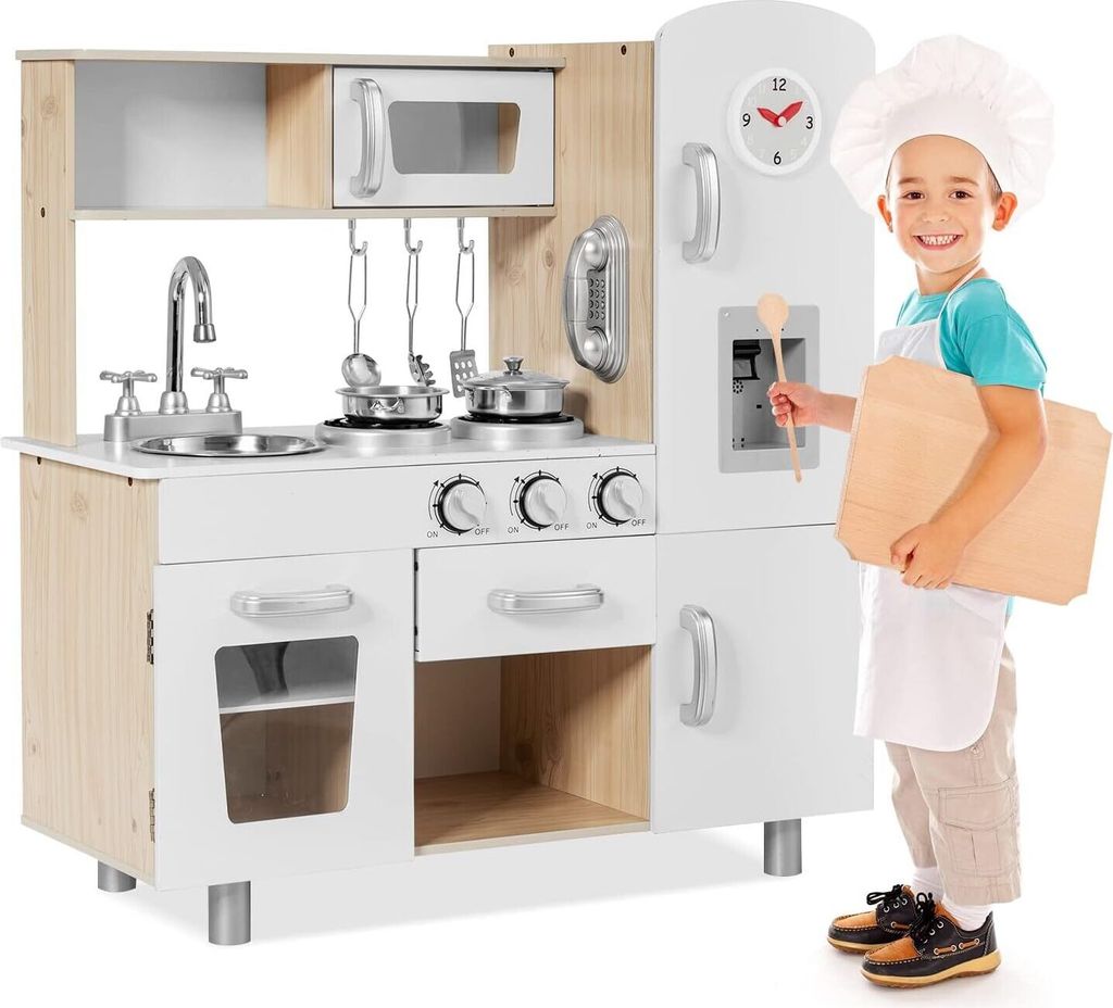 GOPLUS Kinderküche Spielset, Spielküche mit Uhr, Telefon, Wasserspender mit Licht- & Soundeffekt, Kühlschrank, Wasserhahn & Spüle, Kinderküche...