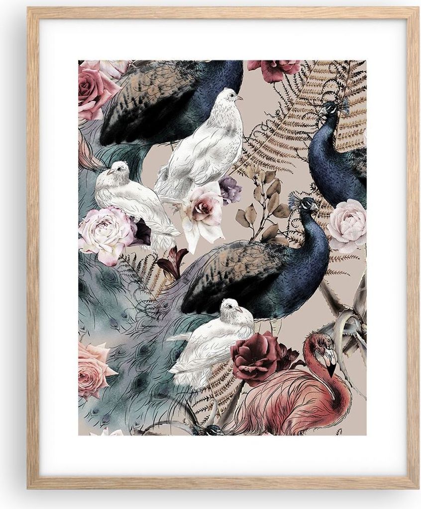 Gerahmtes Poster - Rahmen in heller Eiche - Pfauen Squab Flamingos - 40x50 cm - Wand Bild - Wanddeko - Wandbilder - Kunstposter - Wandposter - Bild...