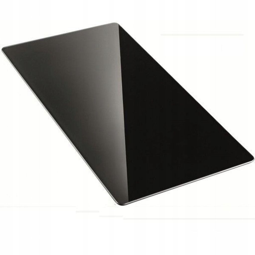 A black rectangular glass plate, likely a fireplace hearth plate, is shown at an angle on a white background.